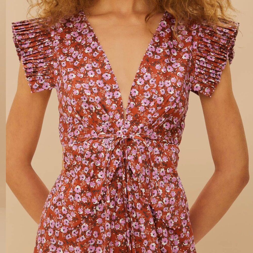 FARM Rio Brown Tiny Yard Butterfly Midi Dress - Picture 2 of 5